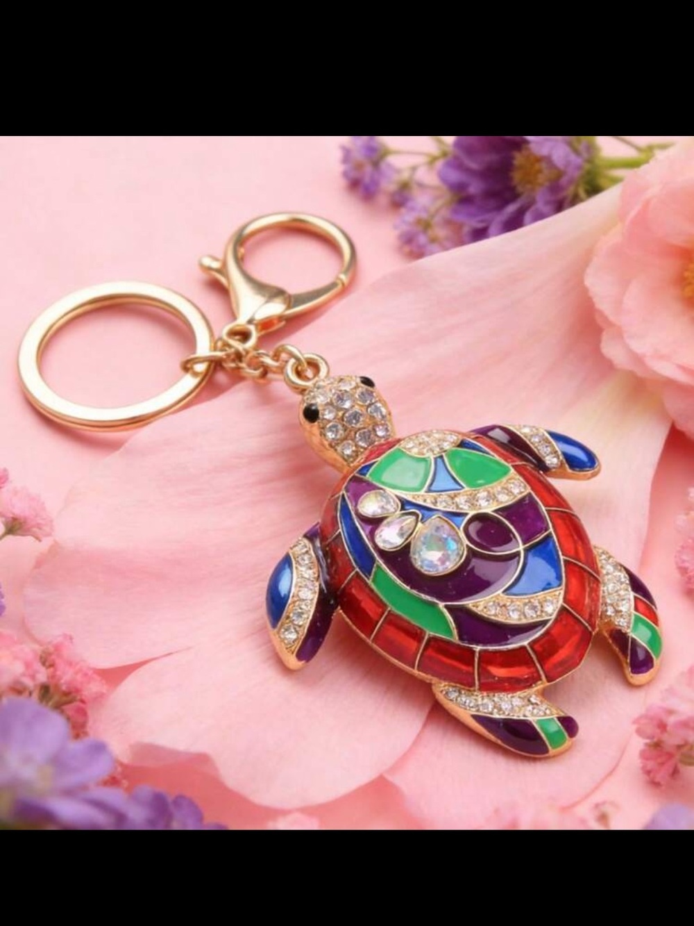 Colorful Turtle Keychain Charm - Multicolor Enamel & Crystal